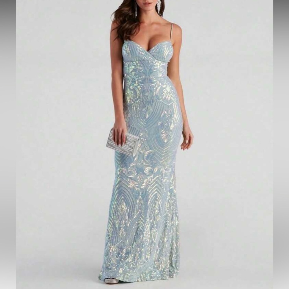 Sequin Illusion Light Blue Evening Gown - Picture 1 of 4